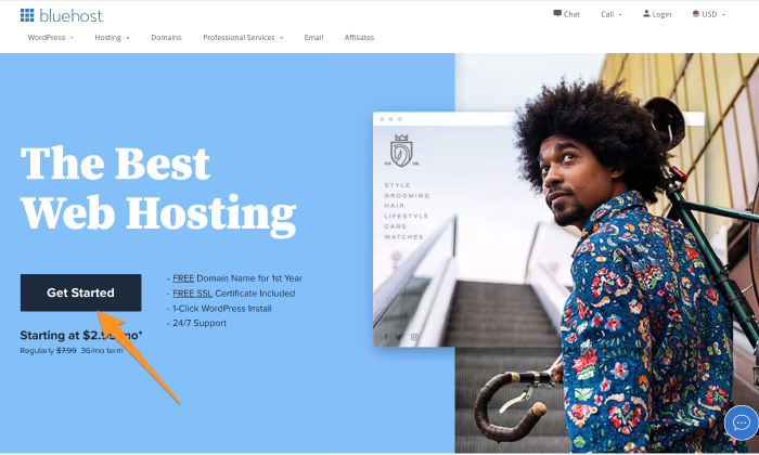 Imagen de una web con una persona y un fondo azul claro